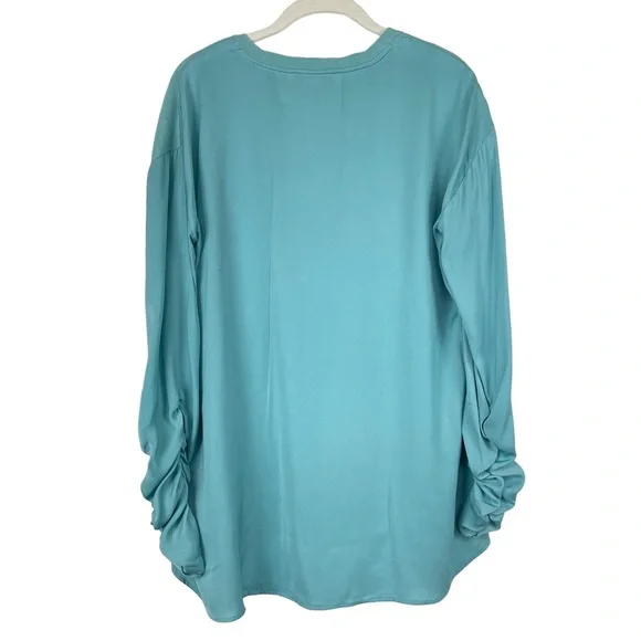 H Halston Sweater Womens Small Turquoise Blue Green Knit Front Satiny Back Ruch - Picture 3 of 8